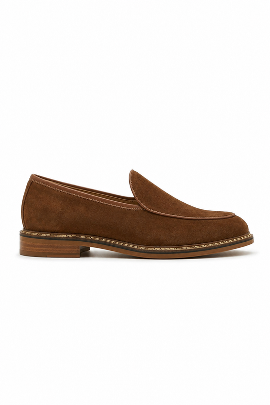 Heeled suede loafer · Coffee brown