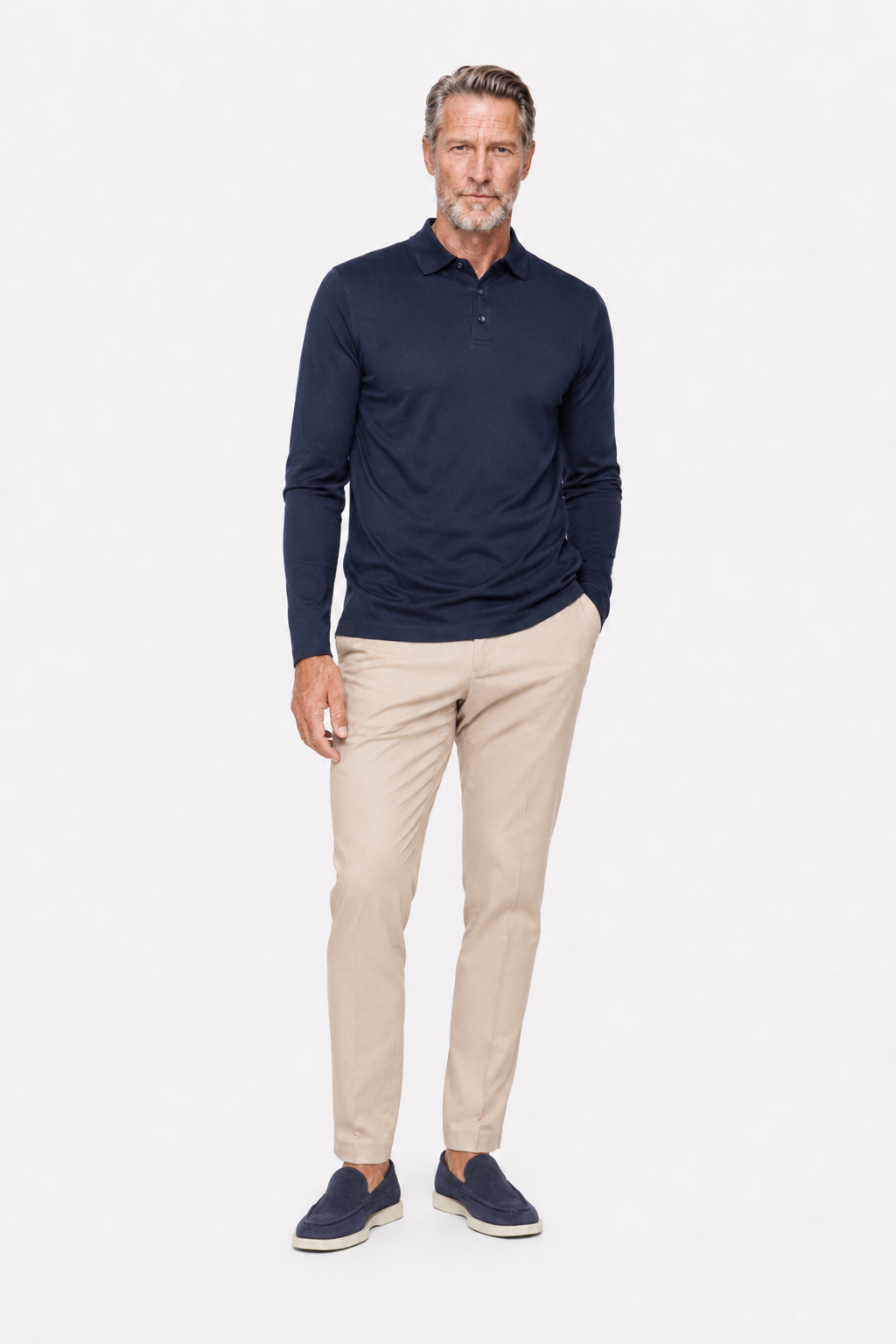 Polo mercerisé manches longues · Marine