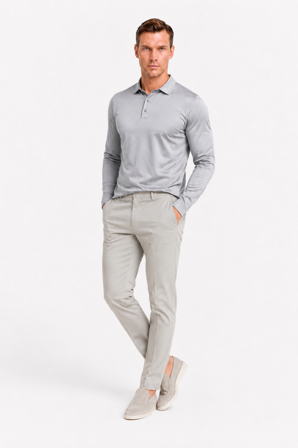 Polo mercerisé manches longues · Gris