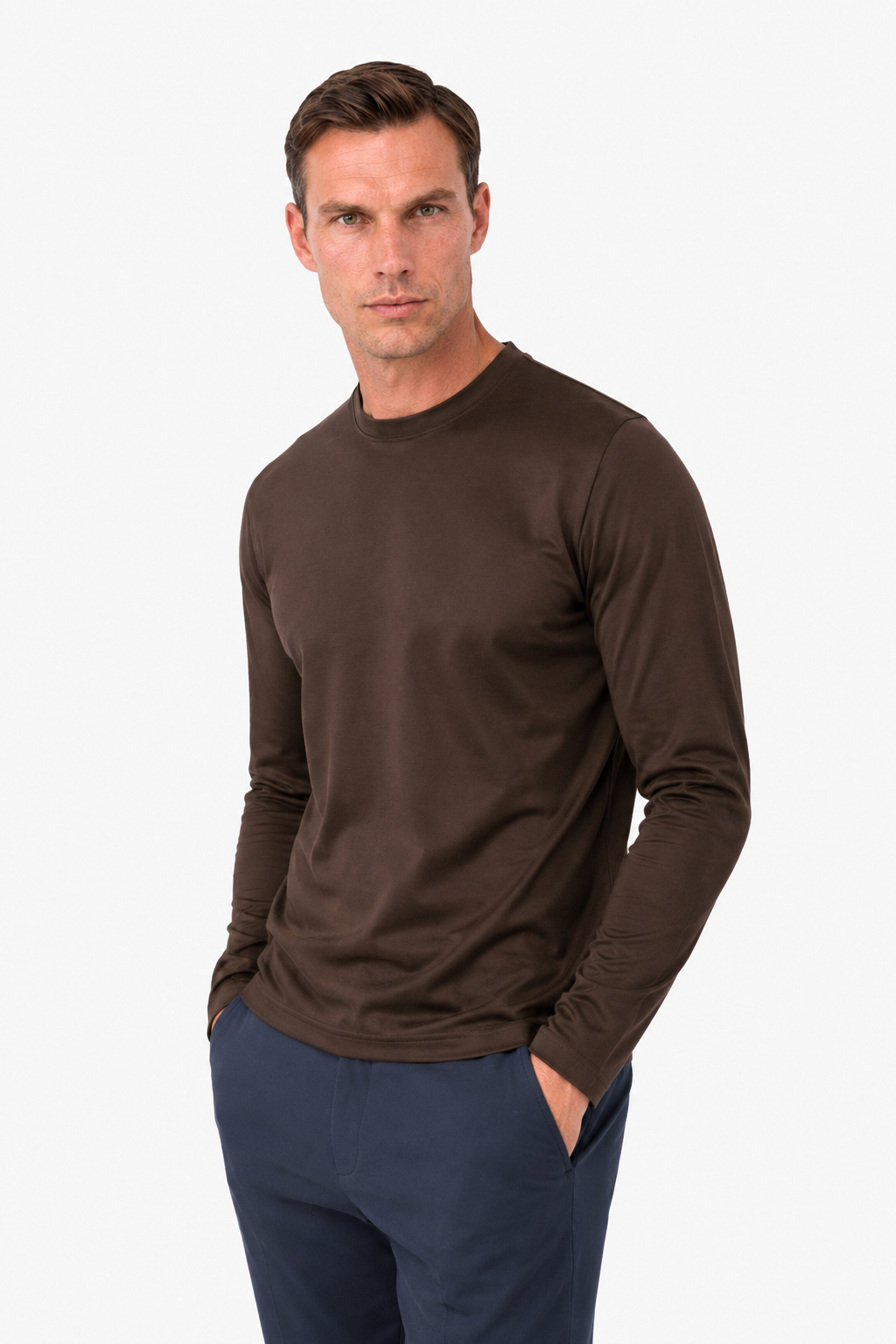 T-shirt mercerisé manches longues · Marron