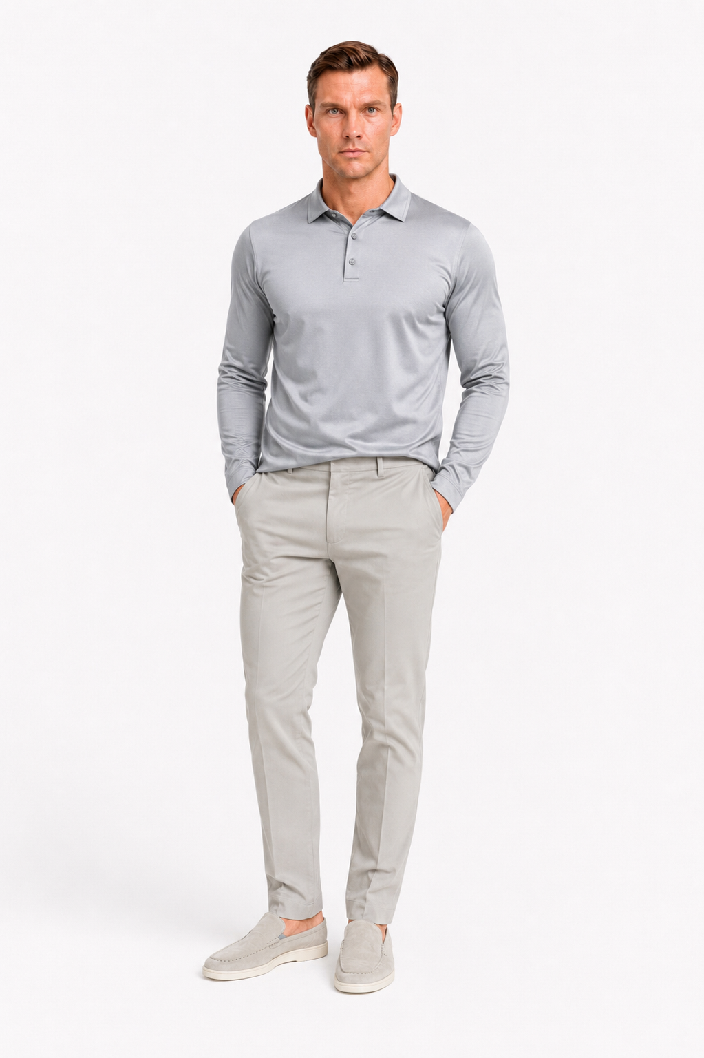 Polo mercerisé manches longues · Gris