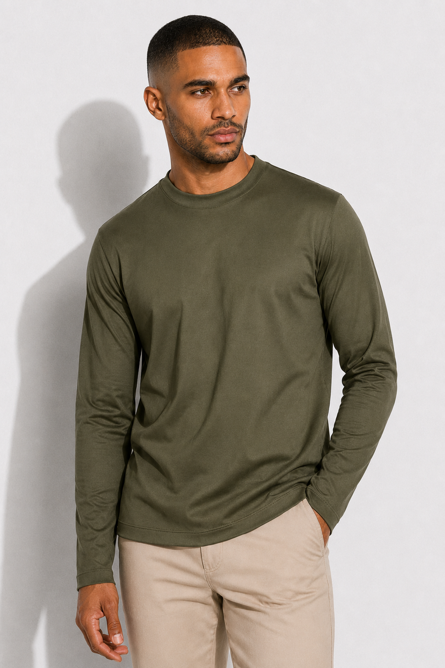Long-sleeved mercerised T-shirt · Olive — View 3
