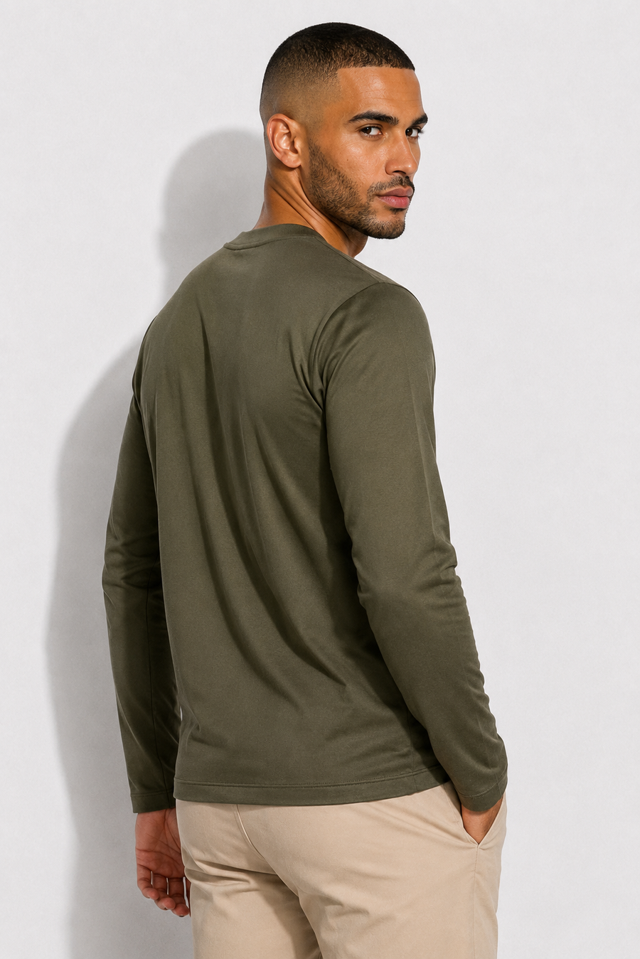 Long-sleeved mercerised T-shirt · Olive — View 4