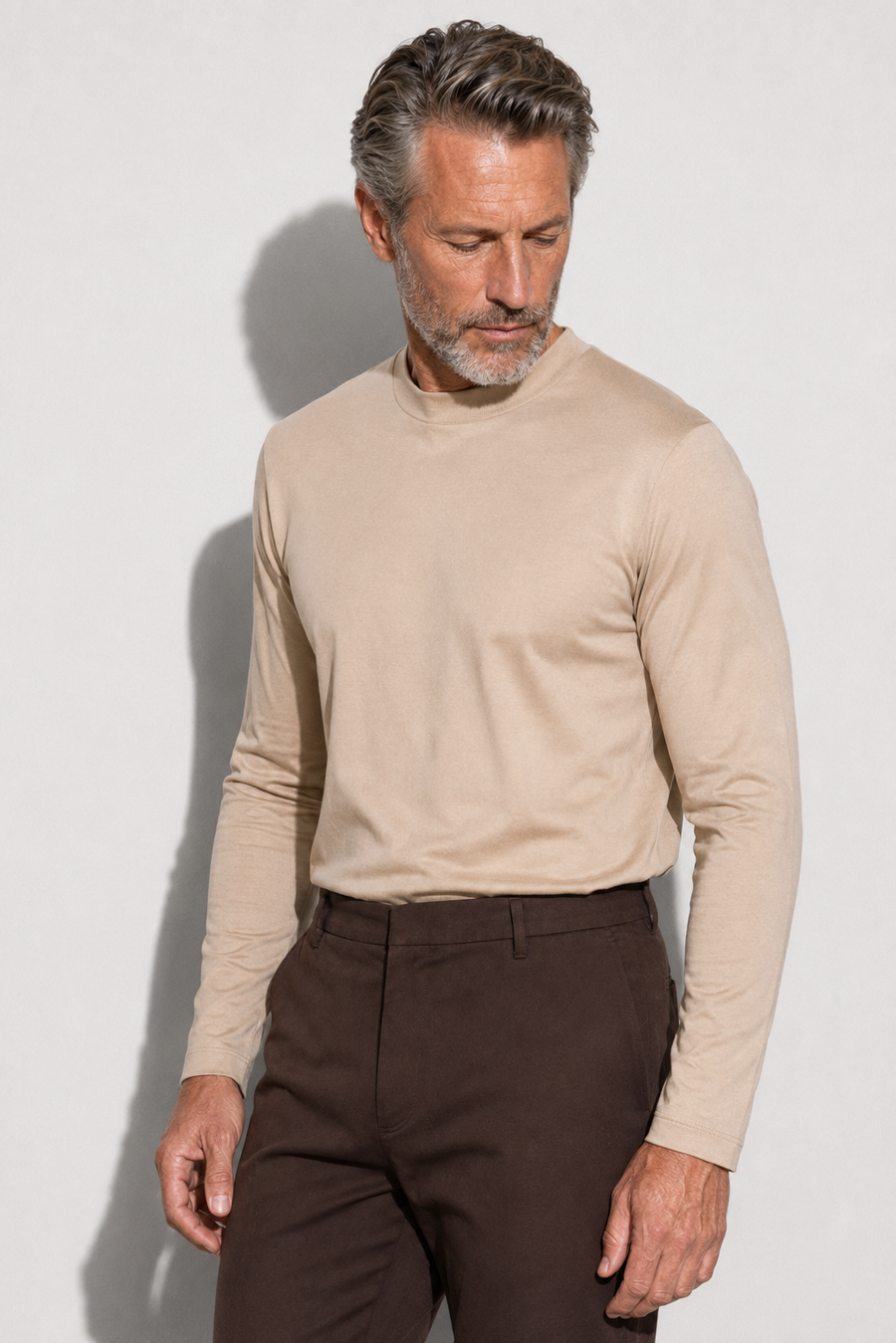 Mercerised long-sleeve T-shirt · Beige — View 3