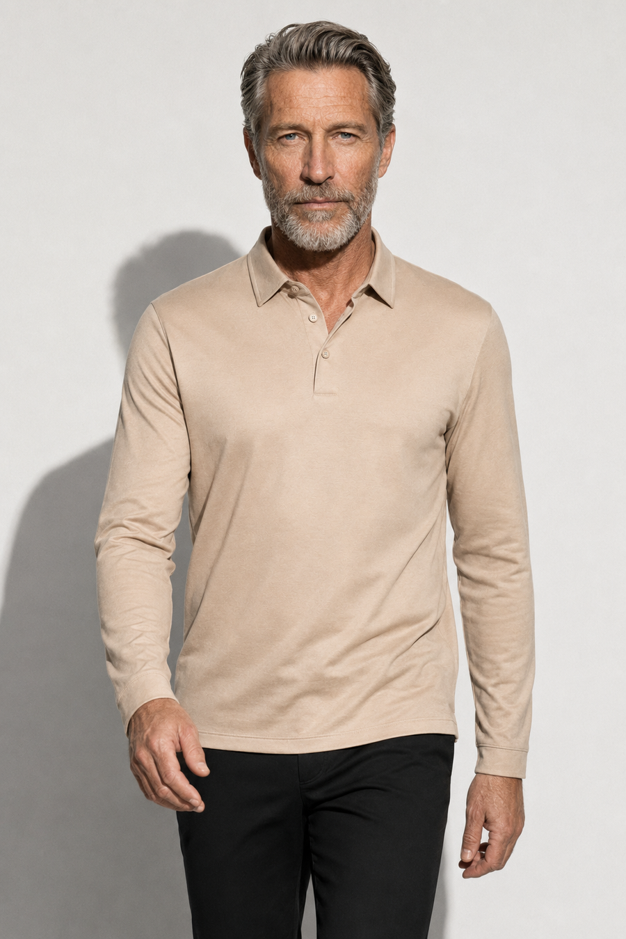 Long-sleeved mercerised polo shirt · Beige