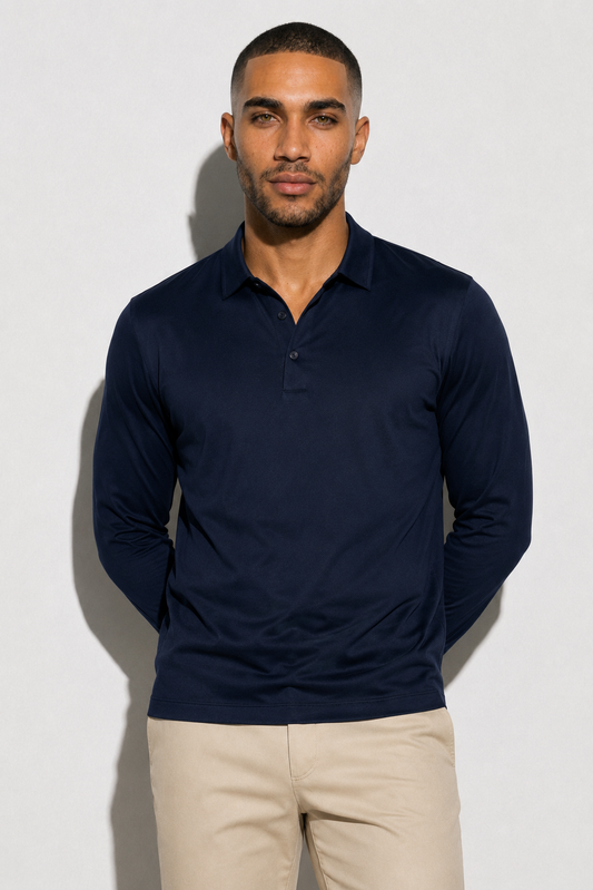 Long-sleeved mercerised polo shirt · Navy