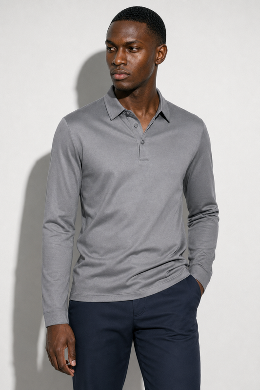 Long-sleeved mercerised polo shirt · Grey