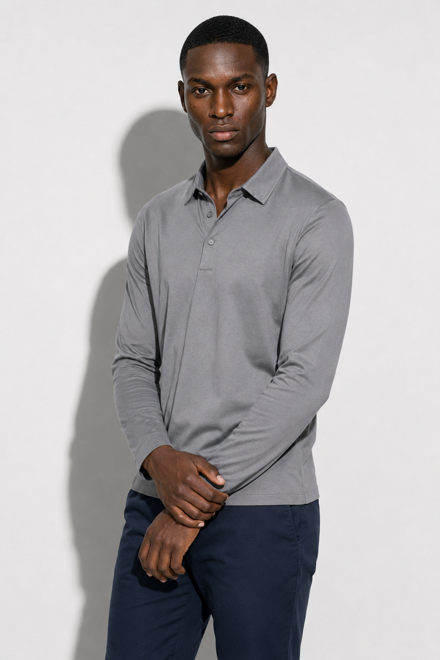 Polo mercerisé manches longues · Gris — Vue 3