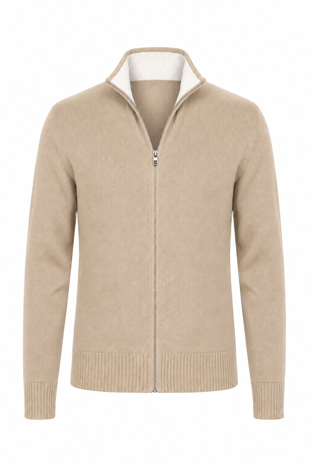 Cardigan zippé · Beige ghost mannequin fond blanc
