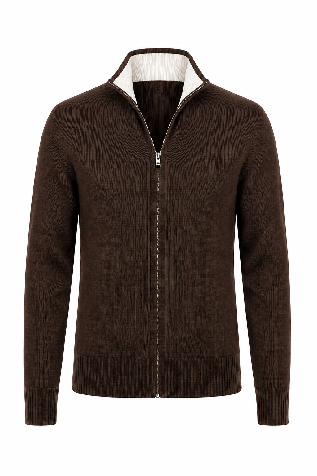 Cardigan zippé · Marron ghost mannequin fond blanc