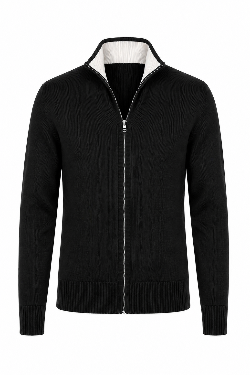 Cardigan zippé · Noir ghost mannequin fond blanc