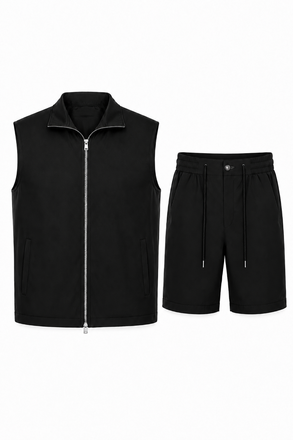 Ensemble Travel Short · Noir ghost mannequin fond blanc