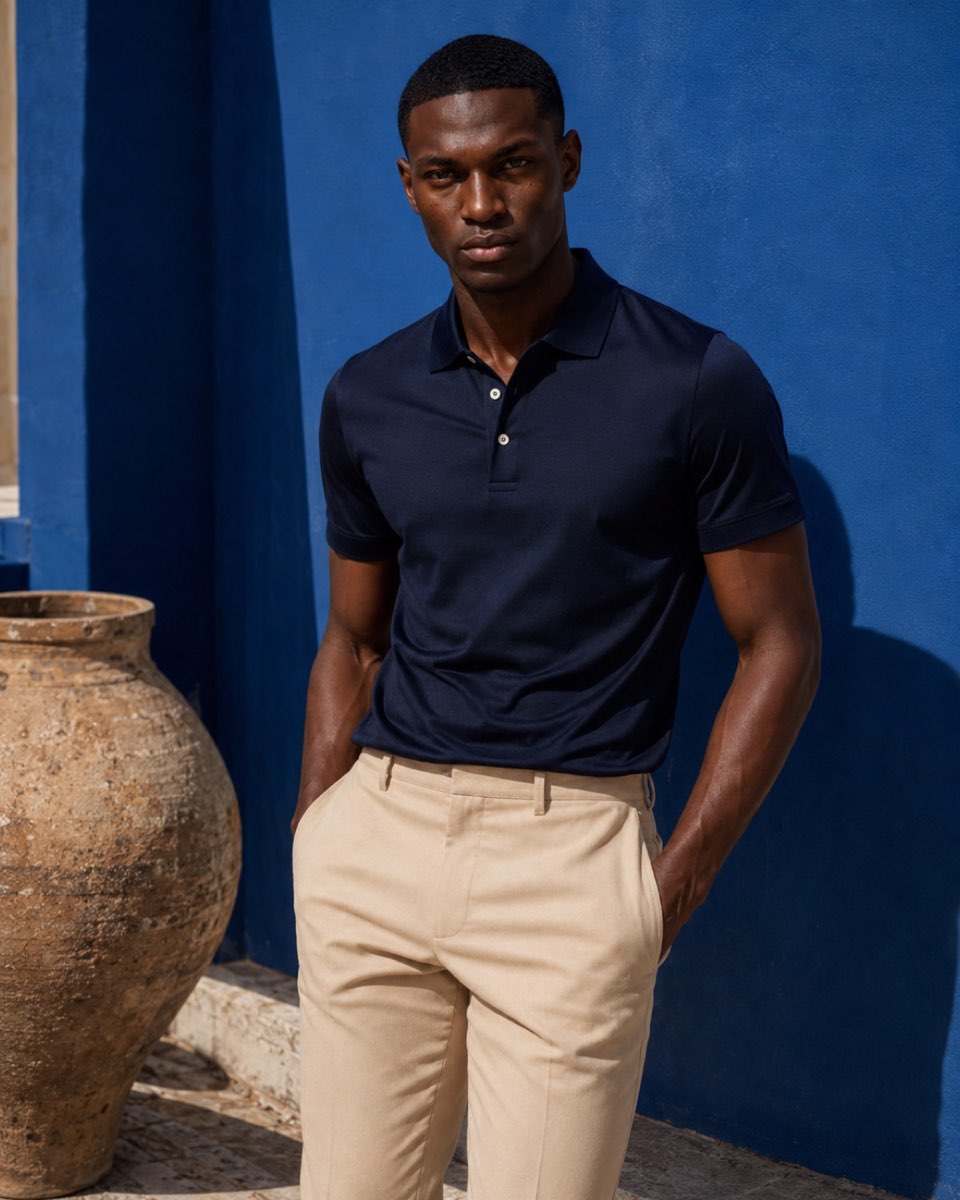 Polo bleu marine NORDA devant un mur bleu profond
